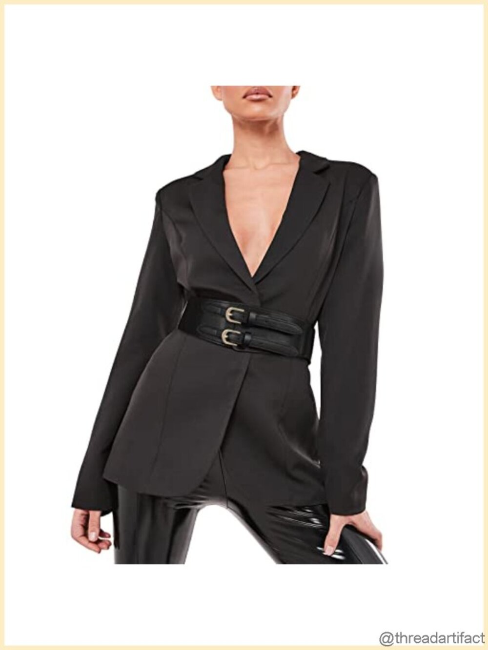 Wide Elastic Waist Belt Faux Leather Double Buckle Cinch Belt